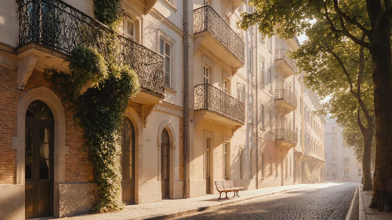 Curved iron balconies and ivy-clad buildings in Prinzregentenstraße bathed in golden afternoon light.