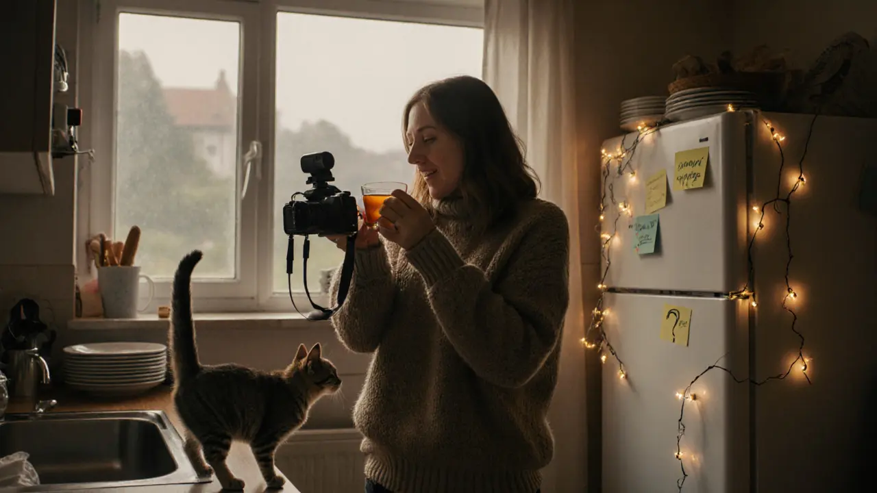 Dirty Tina filming herself in her kitchen with her cat nearby, wearing wool socks, natural light, unstyled home.
