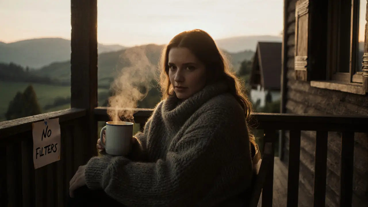 Dirty Tina on a quiet porch at dusk, sipping tea, wearing a sweater, looking into the camera with calm honesty.