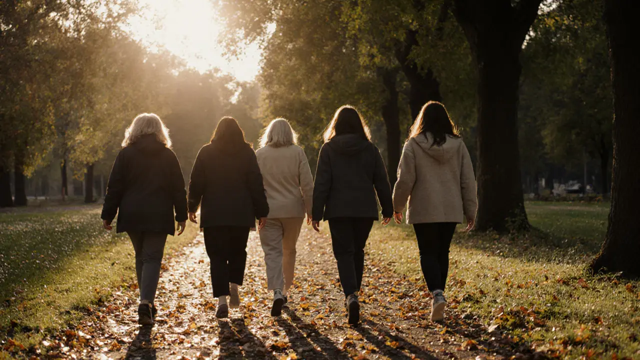 Five women walk along a tree-lined path in Englischer Garten at golden hour, their silhouettes blending with nature.