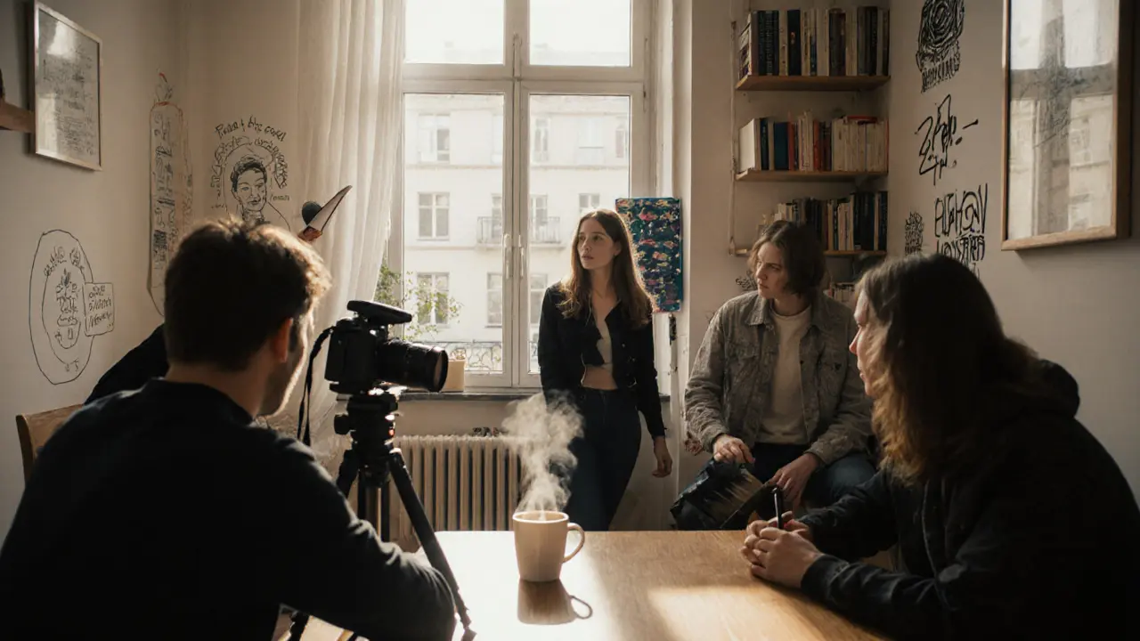 Jana filming in a cozy Munich apartment with a small crew, natural light streaming through windows.