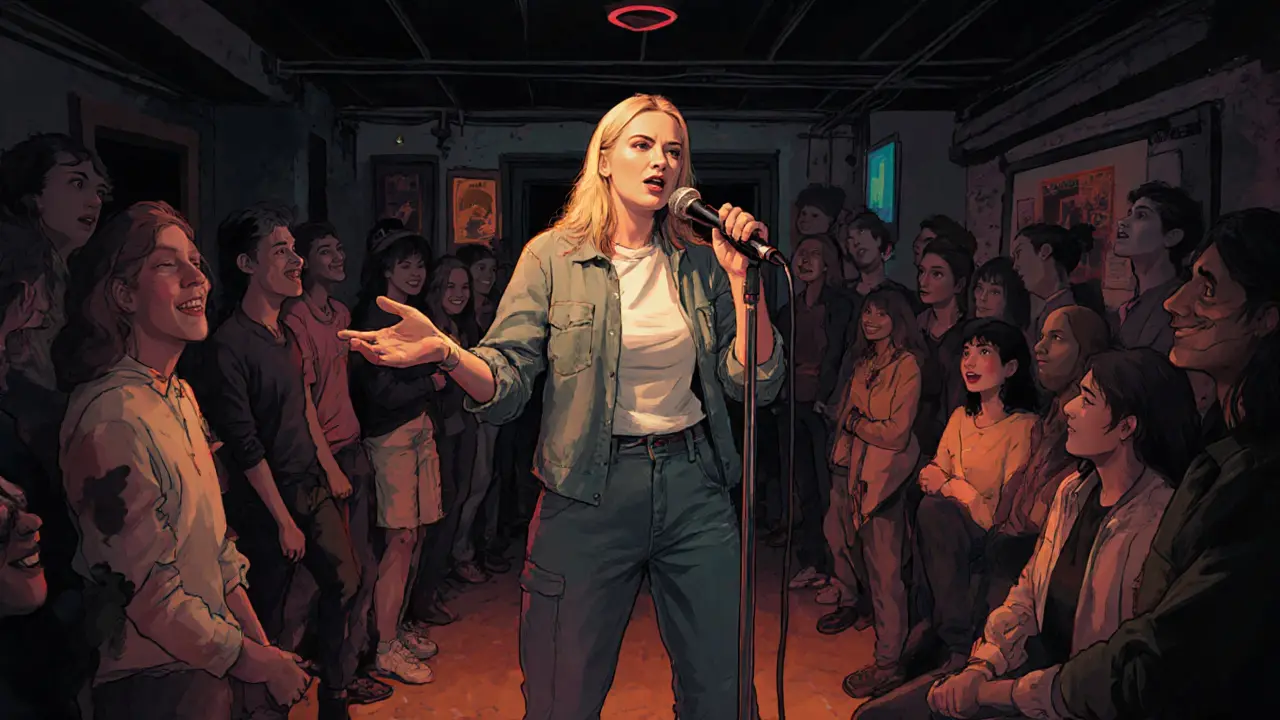 Kitty Core speaking at a small Munich nightclub, crowd watching with genuine smiles, no stage lights, authentic moment.