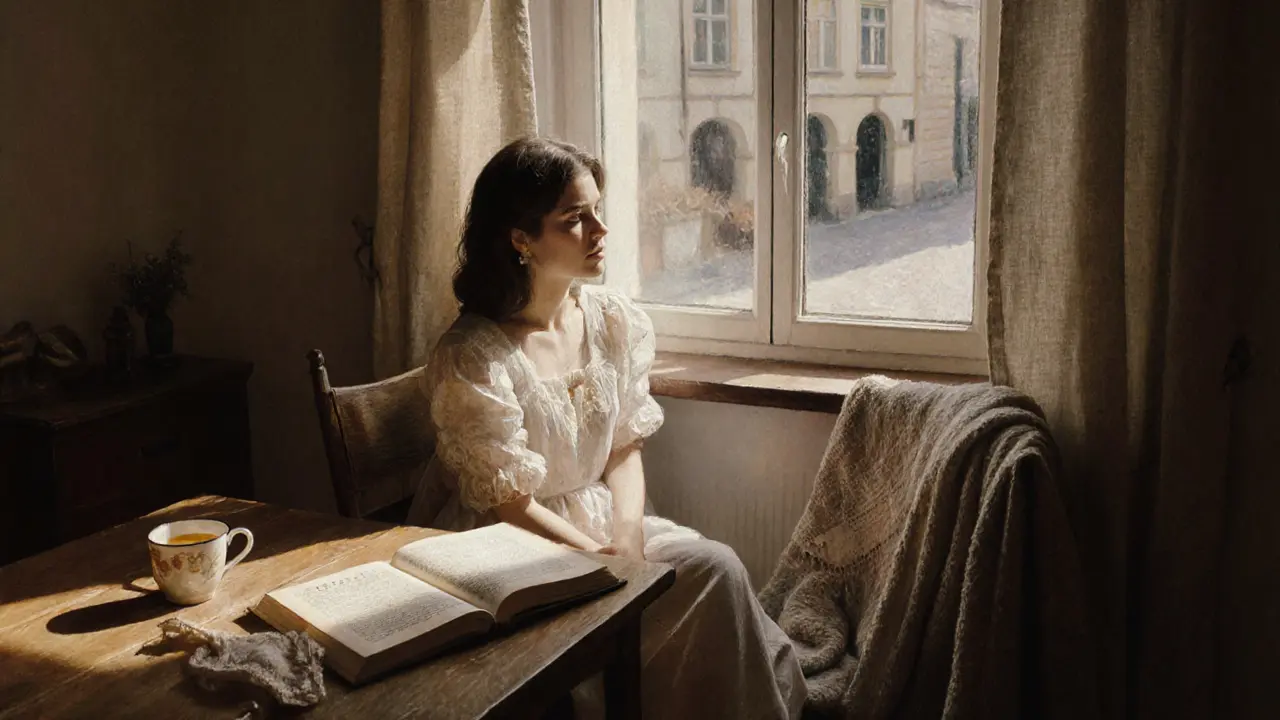 Leonie Saint in a Schwabing studio, natural light, vintage lingerie and Goethe book on table, linen curtains.