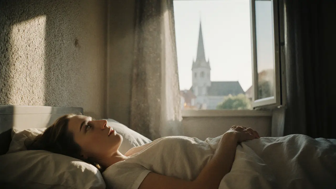 Leonie Saint on a bed with linen sheets, late afternoon light, church spire visible through window, quiet intimacy.