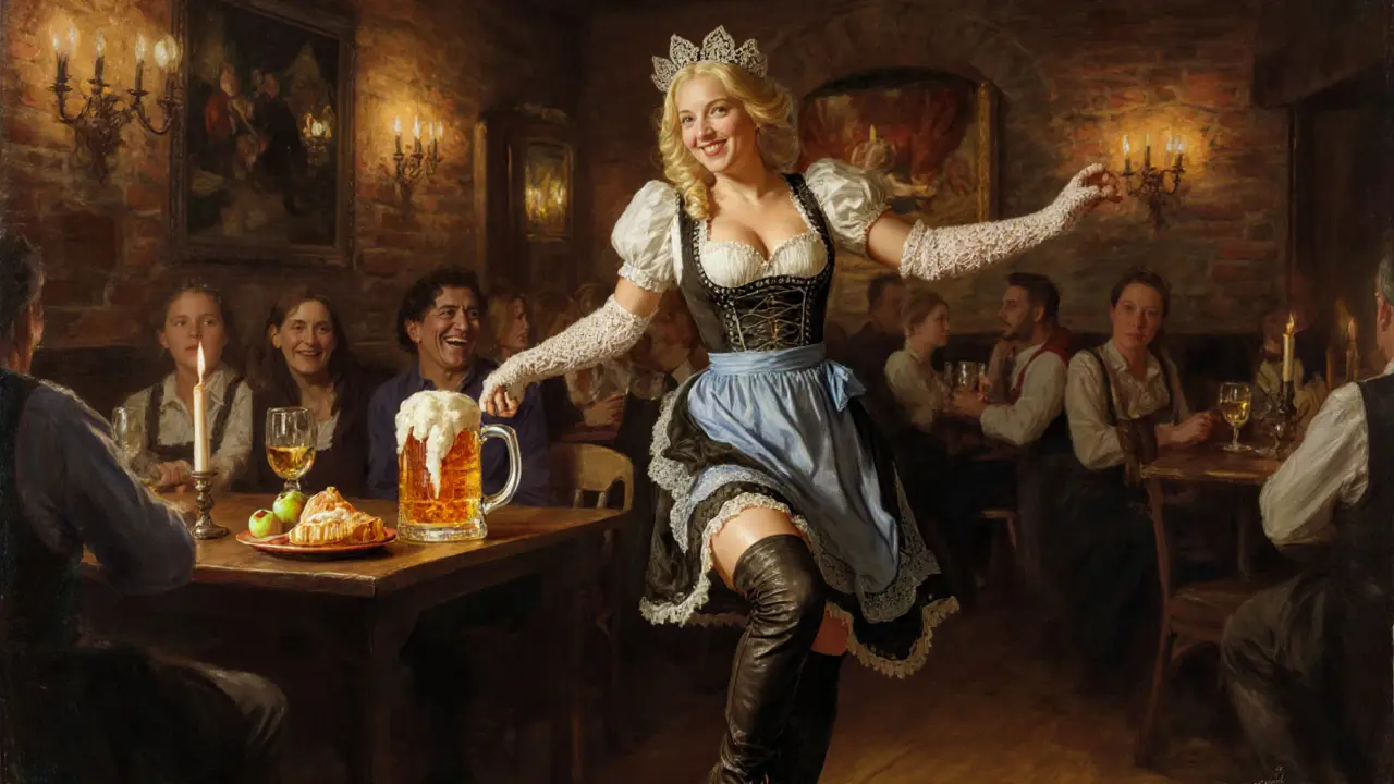 Lilli Vanilli dancing in a modified Bavarian dirndl at a pub, beer and strudel on the table, warm candlelight glowing.