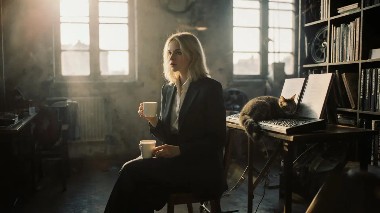 Lilli Vanilli in a suit, sipping tea in her studio, cat on keyboard, photo books visible, morning light through window.