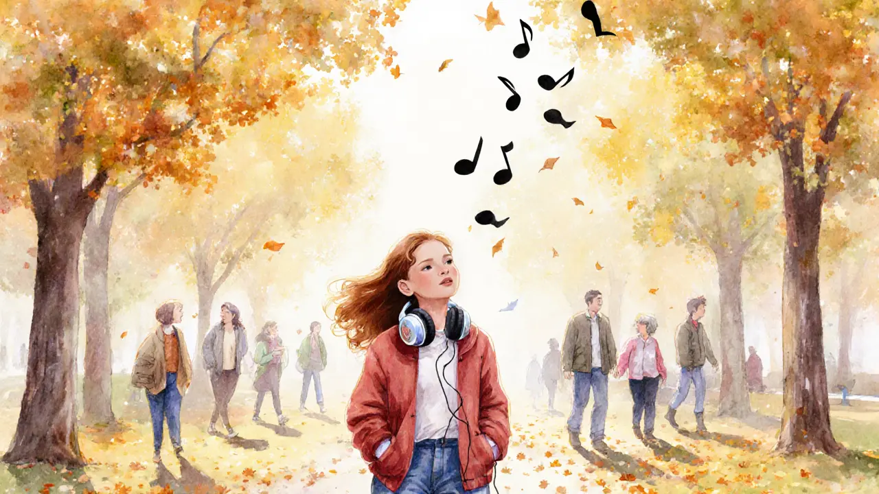 Mia Julia walks through a park as people around her listen to her music through headphones, autumn leaves falling.