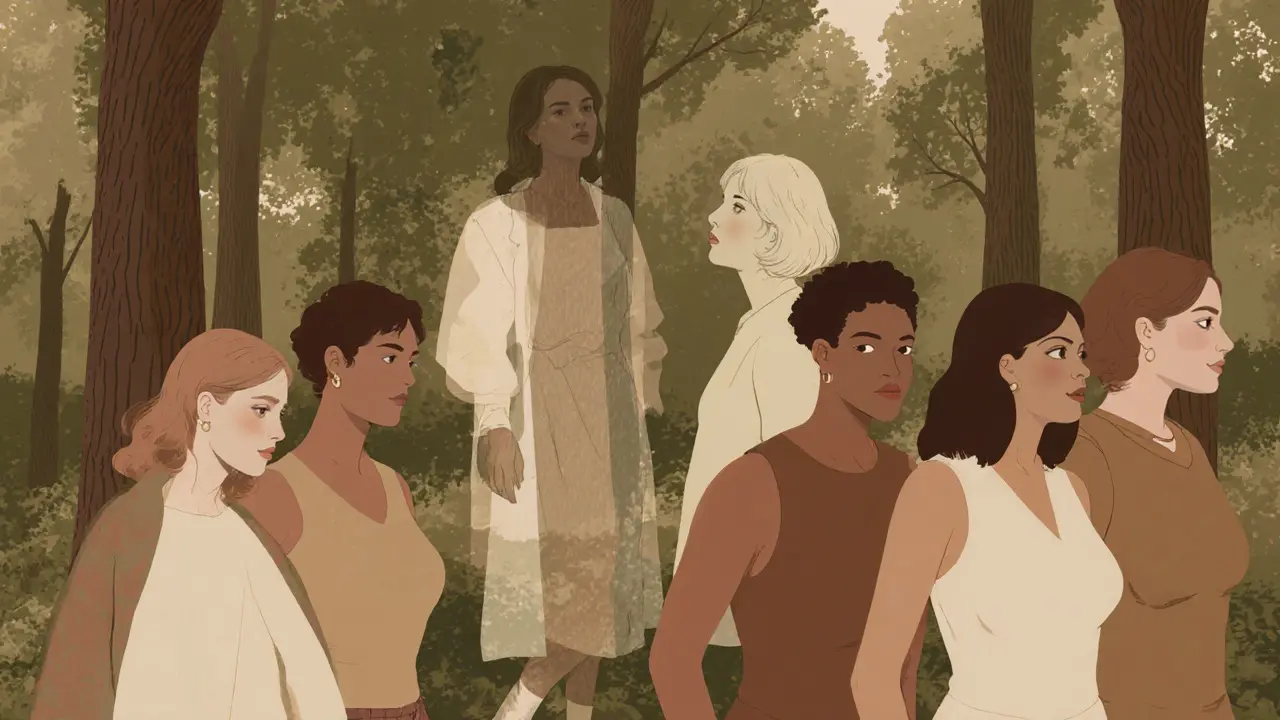 Modern women in Munich park echoing Sibylle Rauch’s posture, faint translucent figure of her blending into nature.