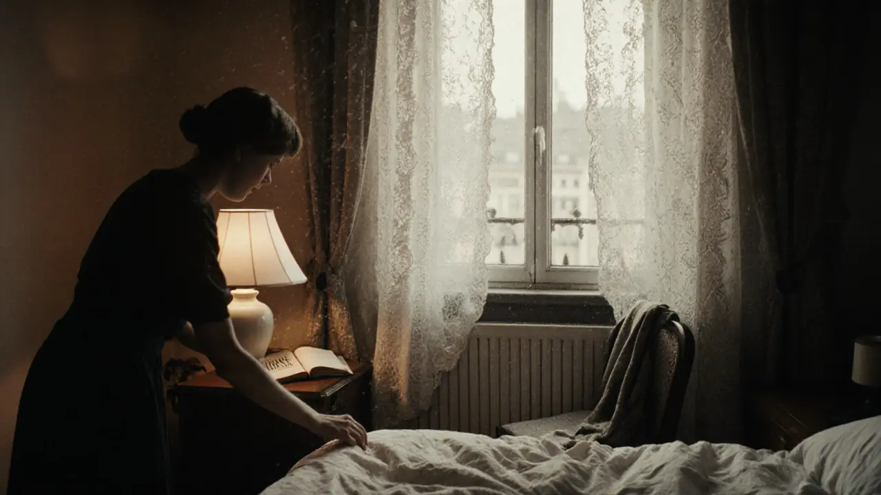 Morning light filters through lace curtains in a cozy Munich apartment, illuminating a rumpled bed and an open book.