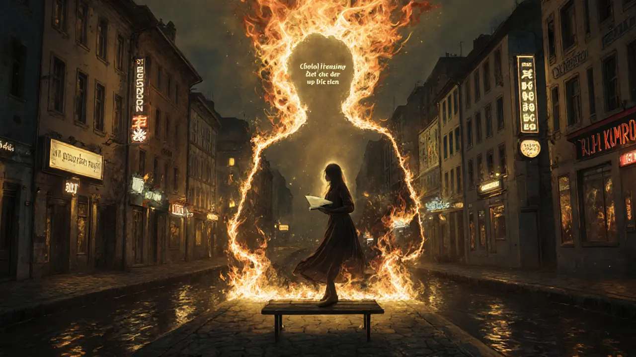 Neon alleyways transform into rising embers forming a woman&#039;s silhouette, with a glowing bench and floating words below.
