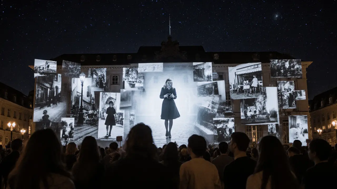 Projected photographs of old Munich float in the night air around a shadowy figure, illuminated on a palace facade.