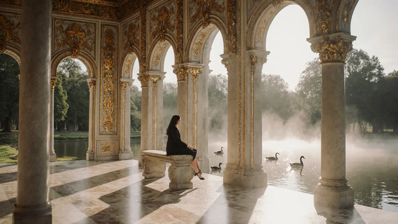 Quiet pavilion in Nymphenburg Palace gardens with sunlight on gilded wood and ducks on water.
