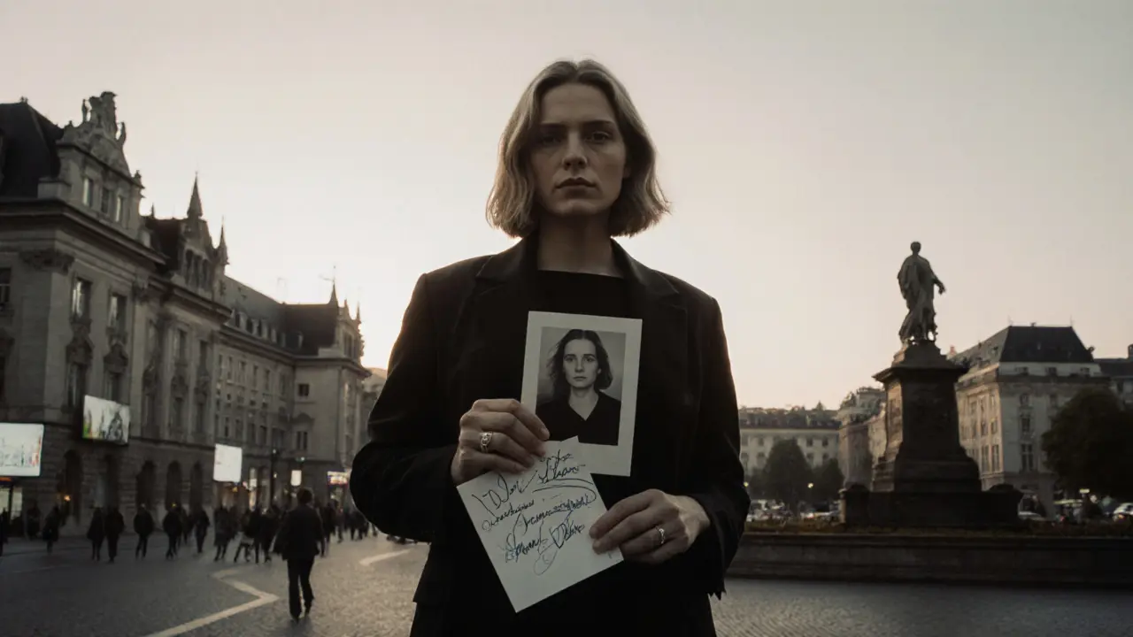 Sandra Star standing confidently in front of a quiet Munich street, holding signed photos and notes.