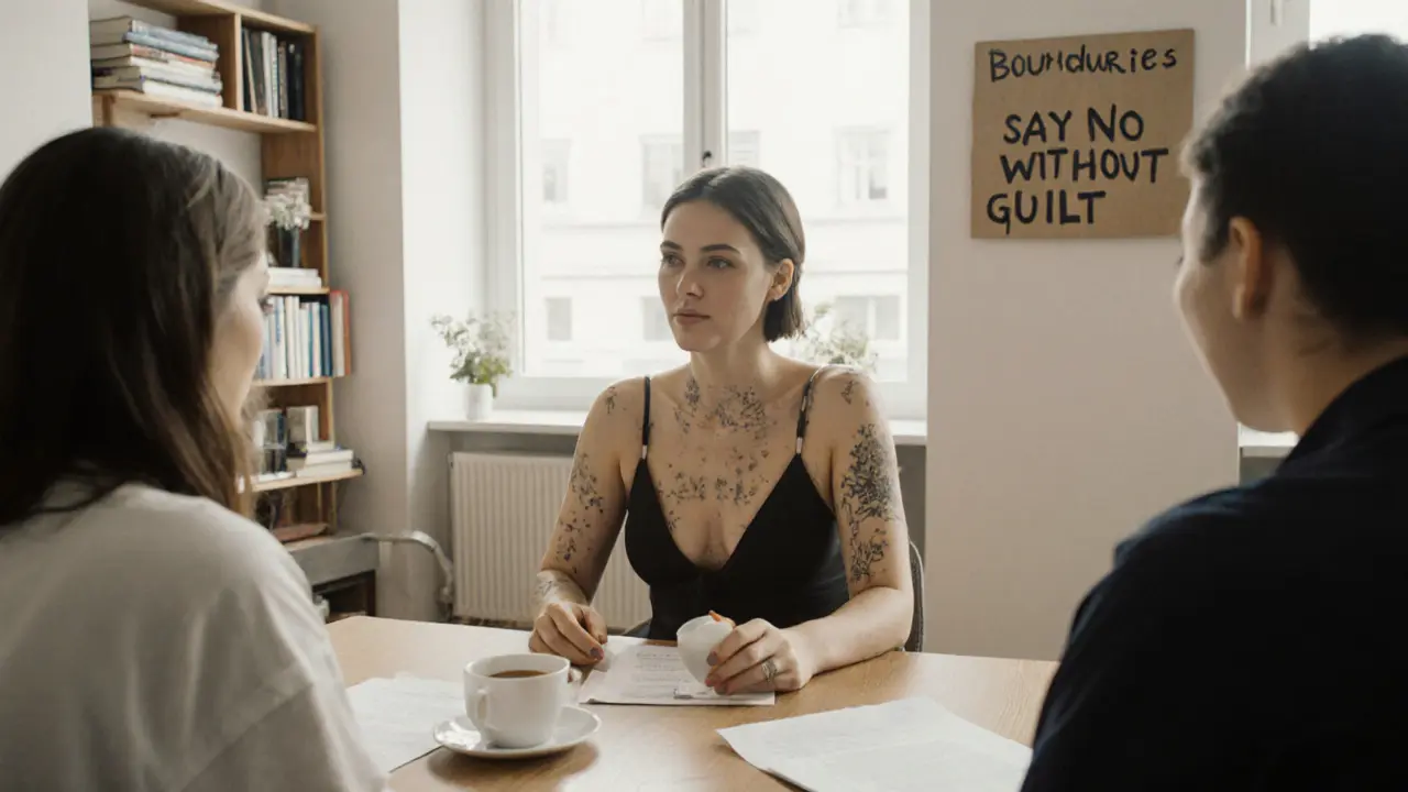 Sexy Cora mentoring two women in a quiet studio, discussing contracts under natural light.