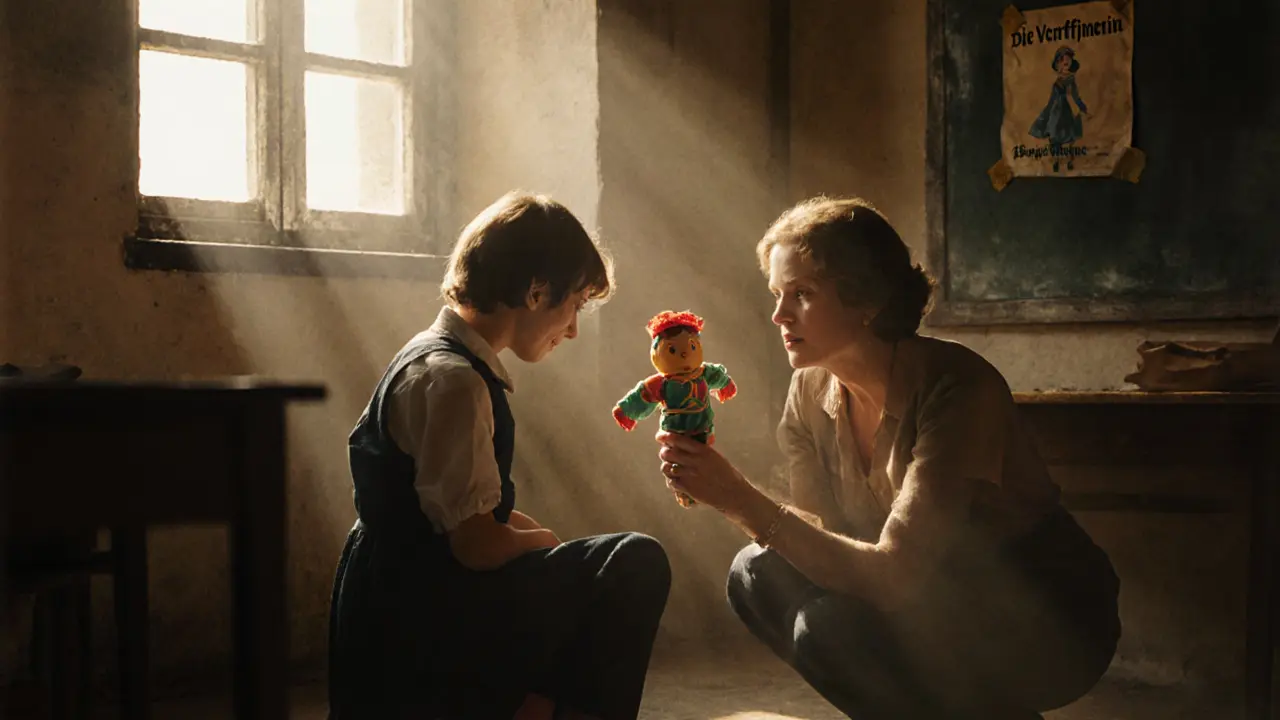 Sibylle Rauch teaching theater to a child in a Bavarian village, a faded film poster on the wall.