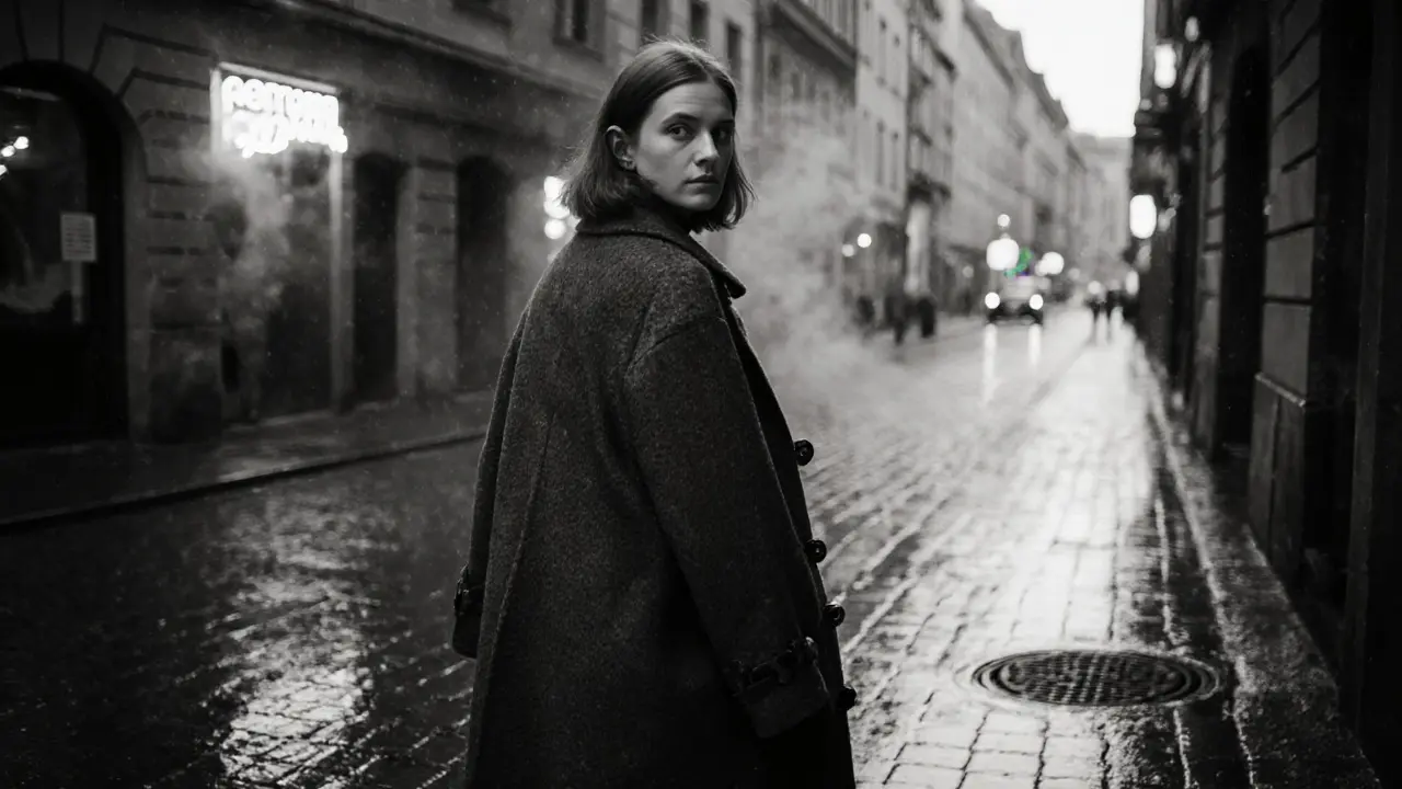 Sibylle Rauch walking alone in a rainy Munich alley, wool coat, gaze away from camera, wet cobblestones reflecting dim light.
