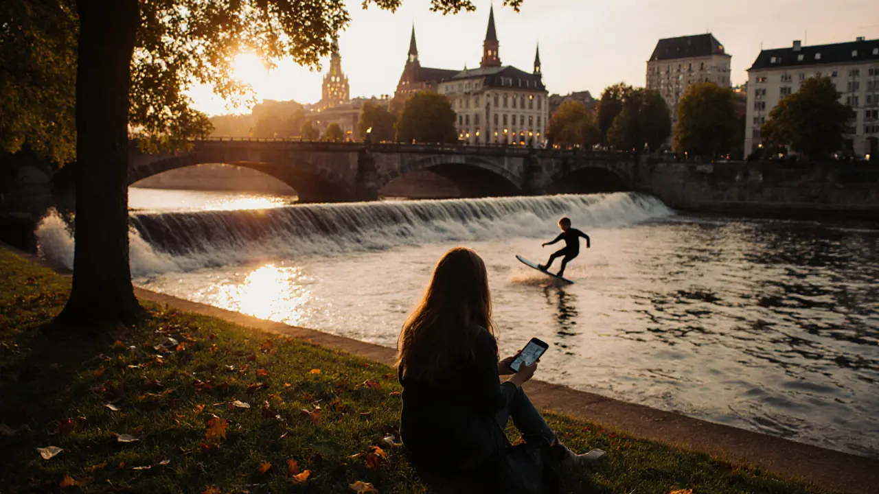 Silhouette of a person sitting by a river watching surfers at dusk in a large urban park.