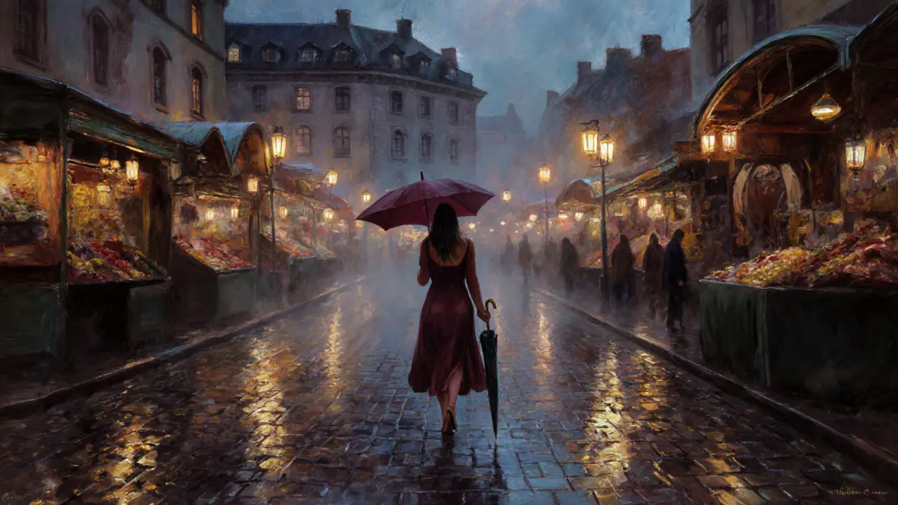 Silhouette of a woman walking through a rainy Munich market at dusk, lanterns glowing on wet cobblestones.