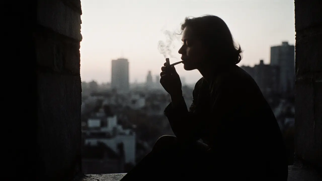Silhouetted figure on a fire escape at dusk, smoking, looking upward as unseen voices speak below.