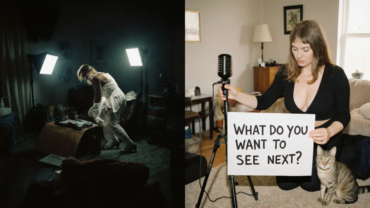 Split image: traditional porn set vs. Kitty Core filming simply in her apartment with her cat and handwritten sign.