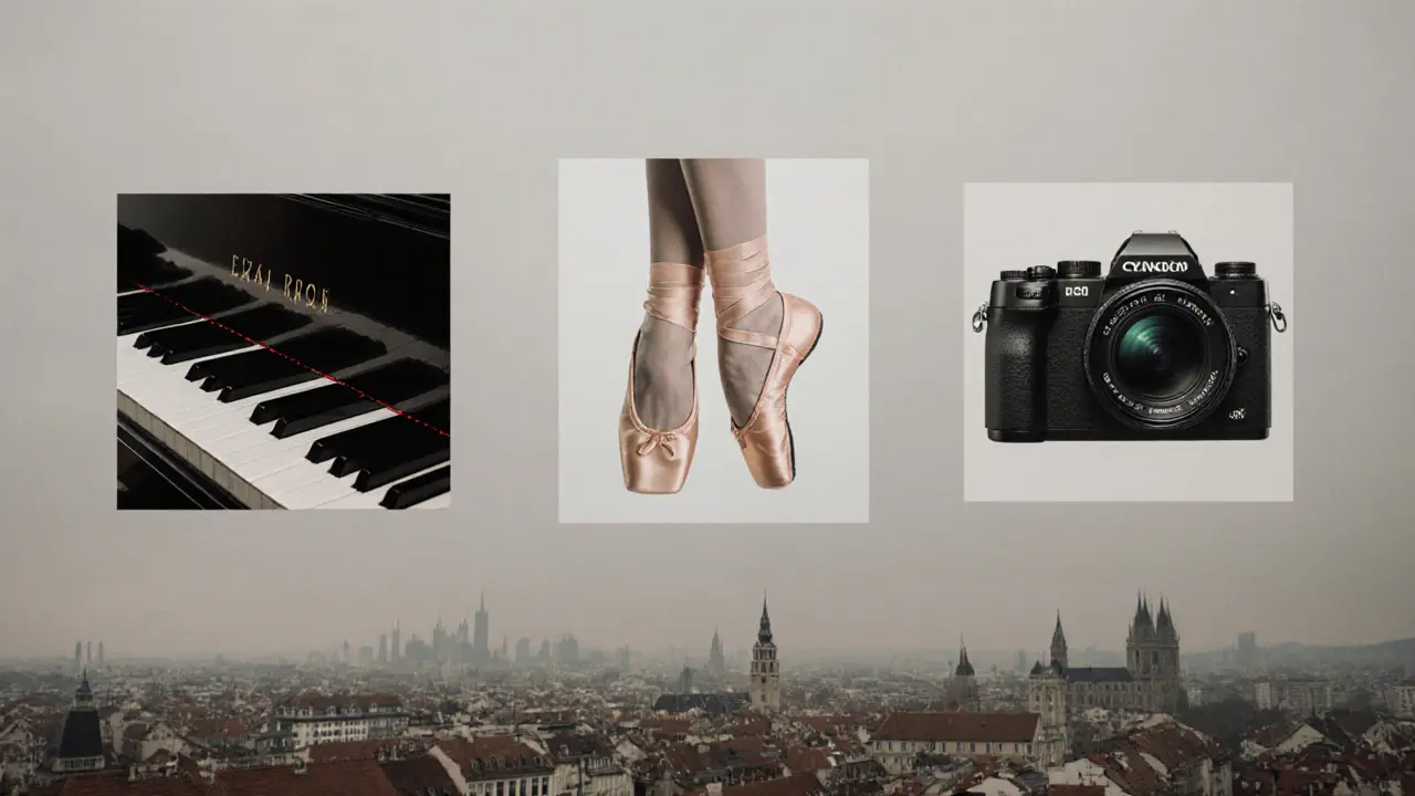 Symbolic trio of piano keys, ballet slippers, and camera floating in soft Bavarian light
