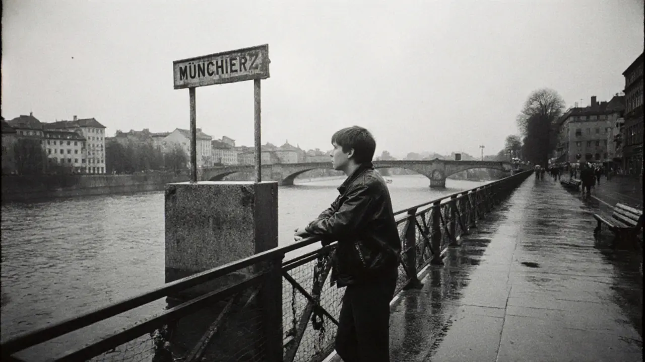 Teenager leaning on riverside railing, faded 1972 sign behind, quiet reflection by the Isar.