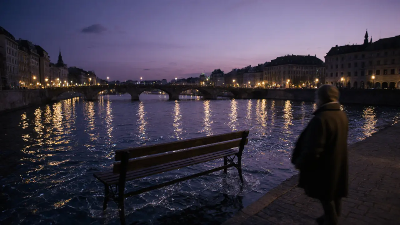 The Isar River at dusk, city lights reflecting like broken glass on dark water, an empty bench barely visible on the shore.