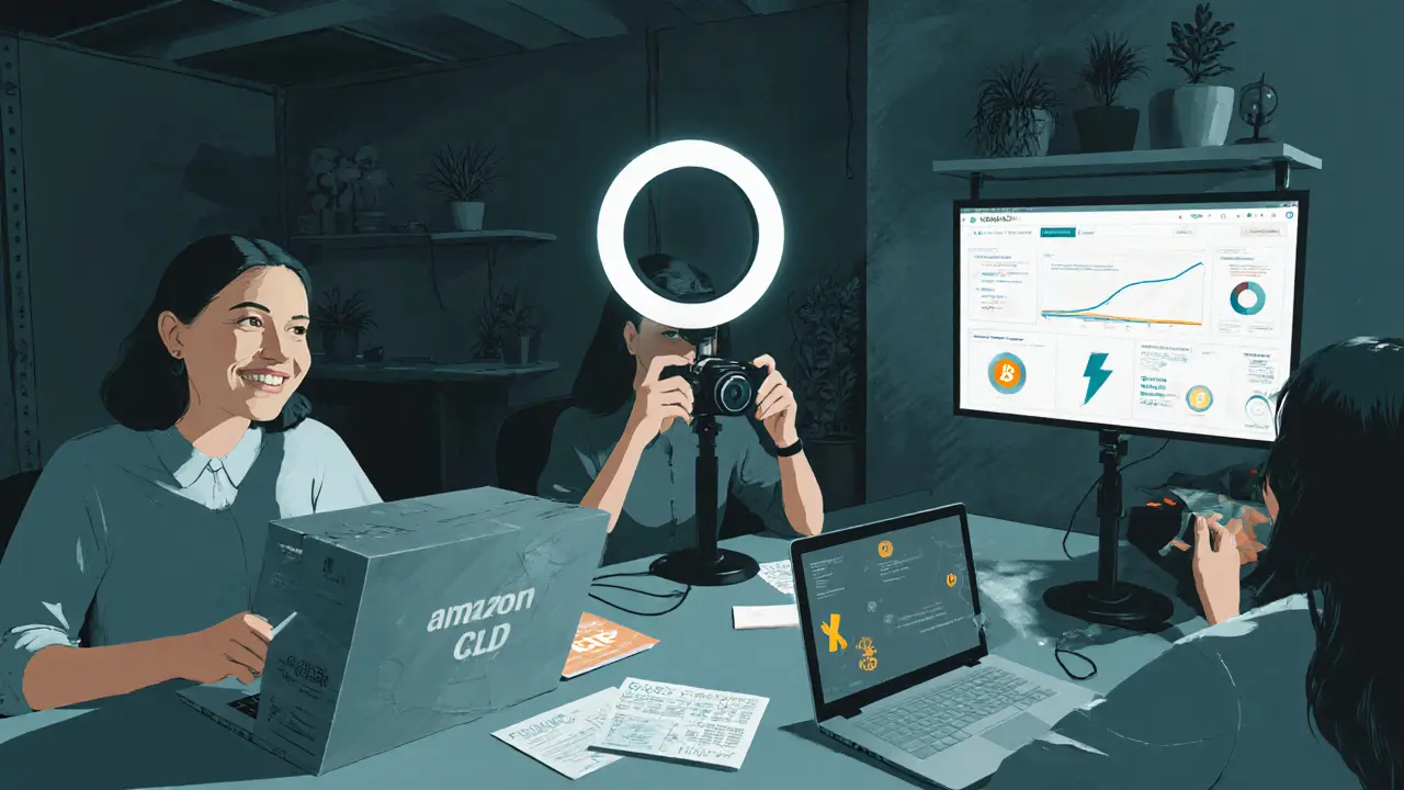 Three independent adult creators work together in a Munich co-working space with ring lights and laptops.