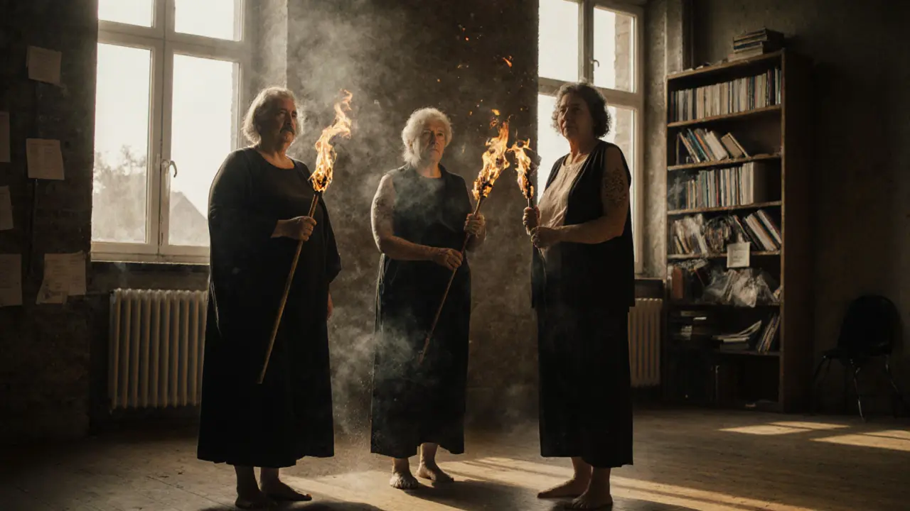 Three women hold fire staffs in a sunlit studio, smoke rising gently, scars and calm faces visible, surrounded by books and safety gear.