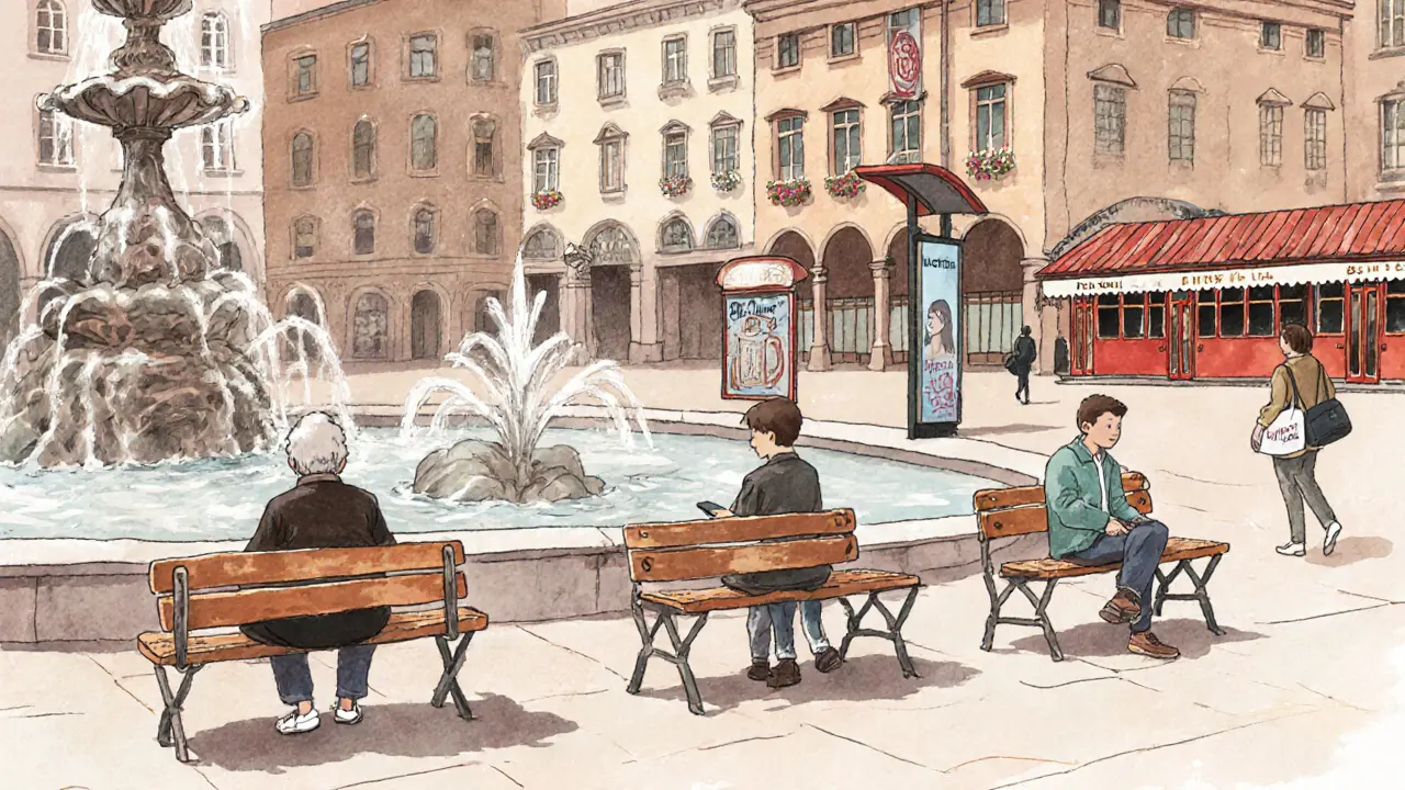 Three wooden benches in Munich locations, each with a person sitting quietly, symbolizing connection.