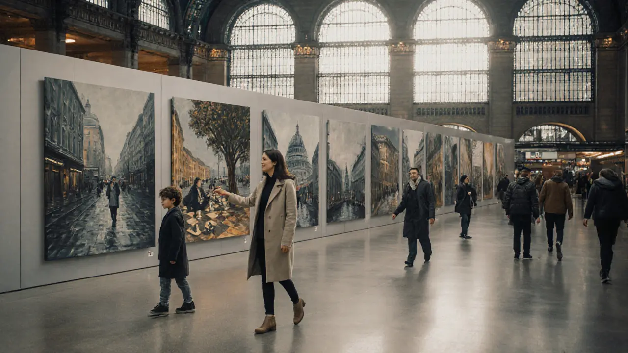 Twelve heartfelt paintings by Mia Julia adorn the walls of Munich’s Hauptbahnhof, watched by commuters.