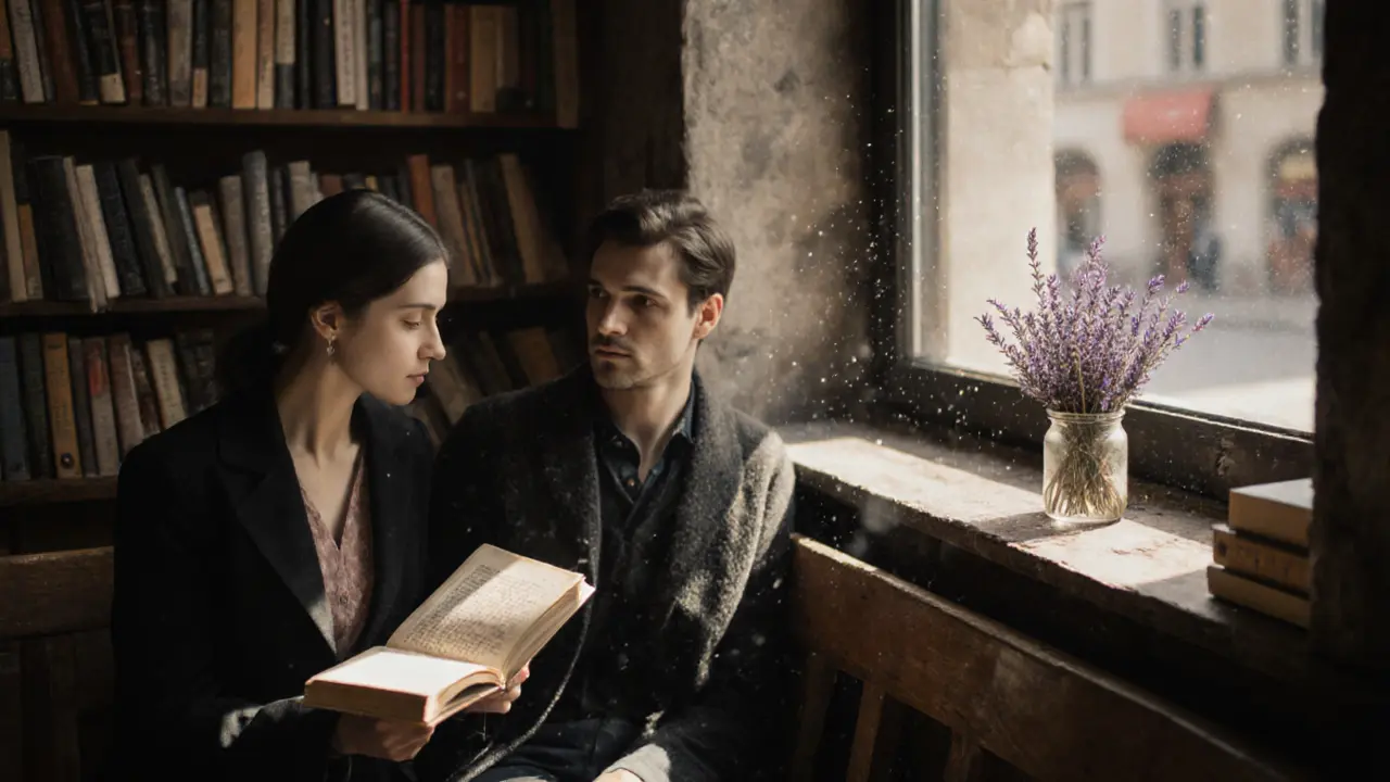 Two lovers read side by side in a quiet bookstore behind a cathedral, sunlight streaming through the window.