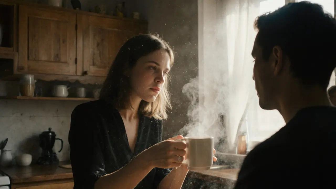 Two people share a silent, tender moment in a sunlit kitchen, hands reaching for coffee mugs.