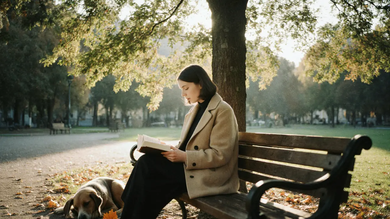 Woman reading alone in Englischer Garten, dog asleep at her feet, autumn light through trees.