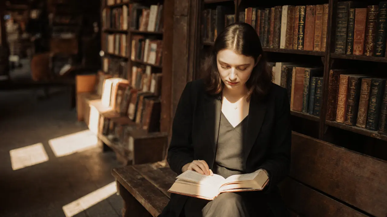Woman reading quietly in a cozy old bookstore filled with German literature and sunlight.