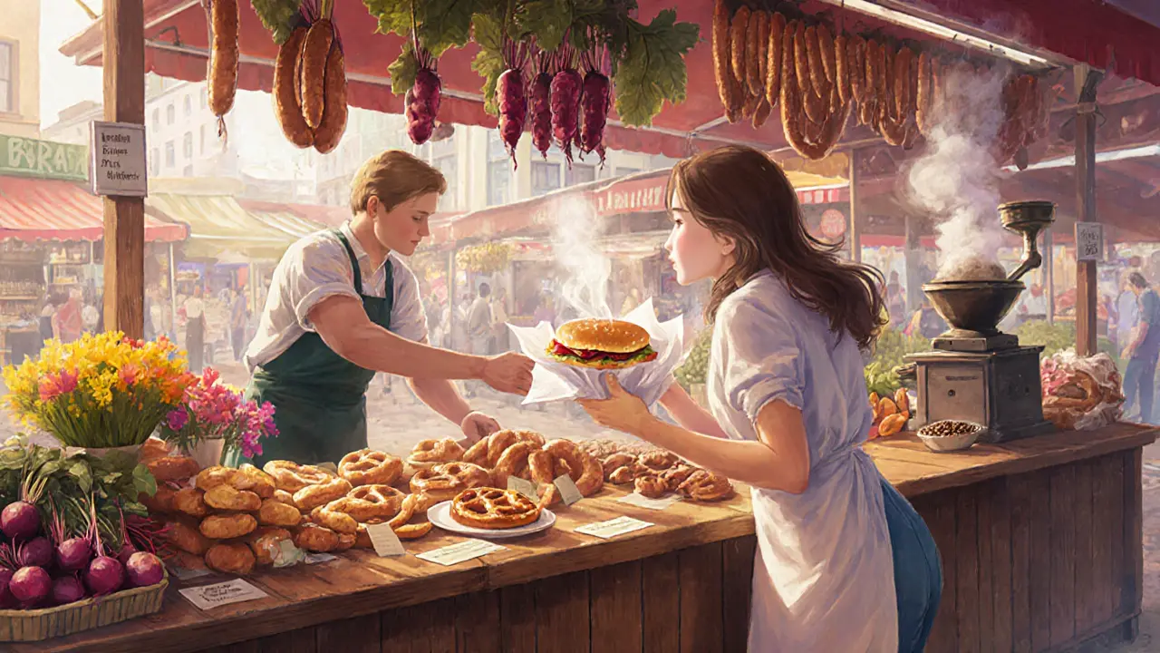 Woman receiving a Leberkäse sandwich at Viktualienmarkt food stall with fresh bread and coffee beans.