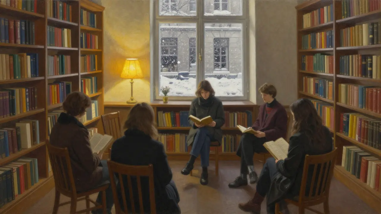 A cozy reading room with wooden chairs and books, a woman sits among listeners in quiet companionship.