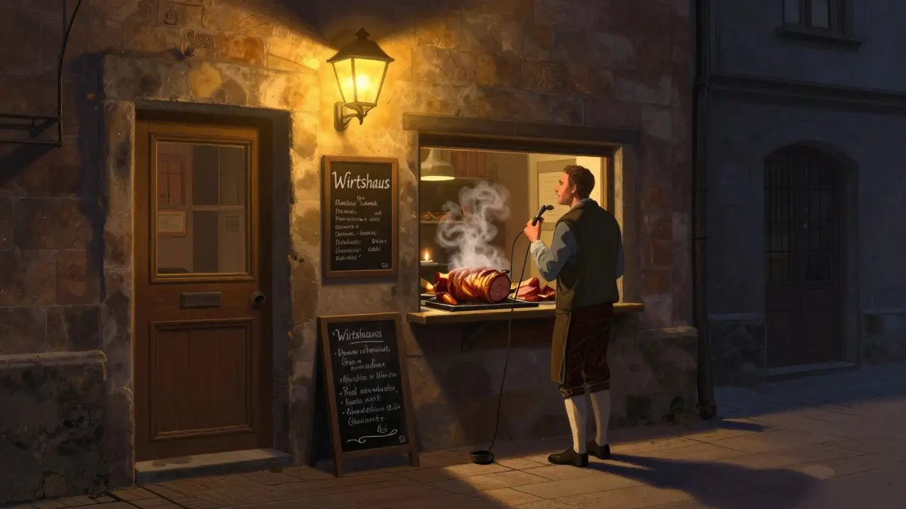 A dimly lit alley behind a market with a flickering lamp and handwritten menu, revealing a hidden Bavarian tavern.