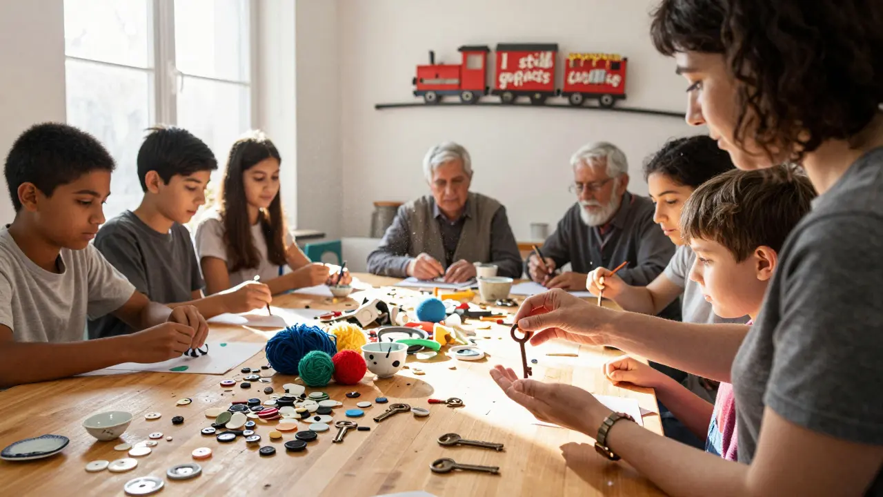 A diverse group of people creating art together at a weekly workshop, using discarded objects on a wooden table.