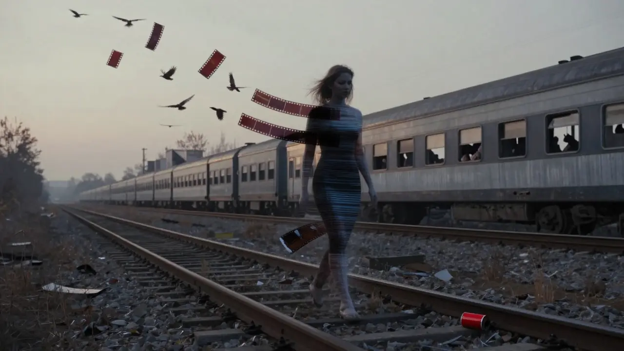 A ghostly figure made of film strips dissolves into floating negatives as they drift upward over an abandoned train yard at dawn.