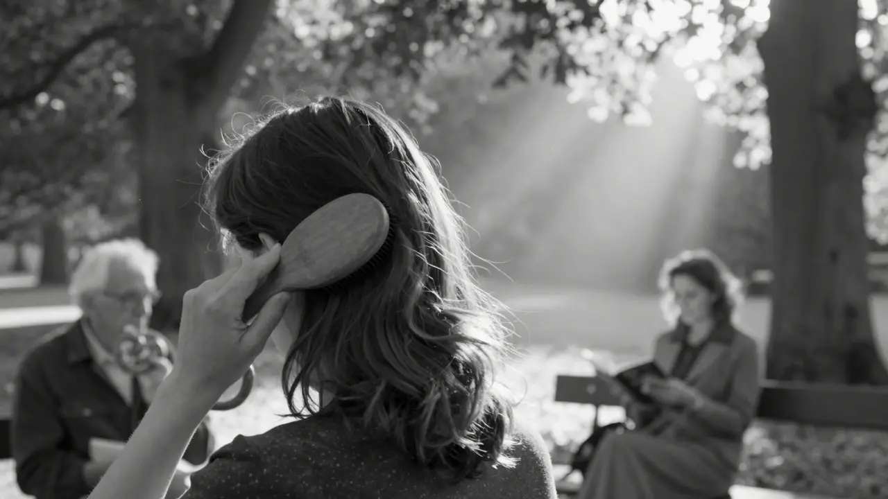 A hand brushing hair in sunlight, blurred figures of people in a park, evoking quiet stillness.