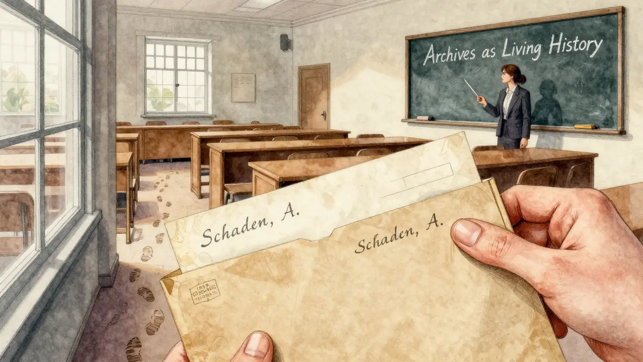 A hand placing an archived letter while footprints lead to a university classroom with the title &#039;Archives as Living History&#039;.