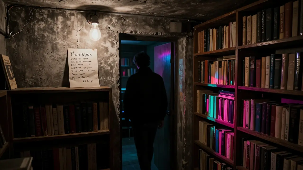 A hidden underground club entrance behind a bookshop, lit by a single dim bulb and shadowy figures.