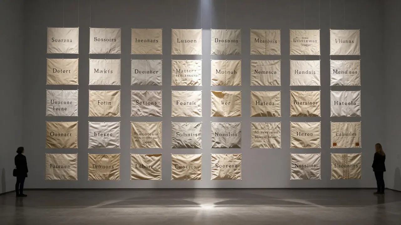 A large textile installation of 347 fabric squares suspended in silence, each bearing a single word from forgotten letters.
