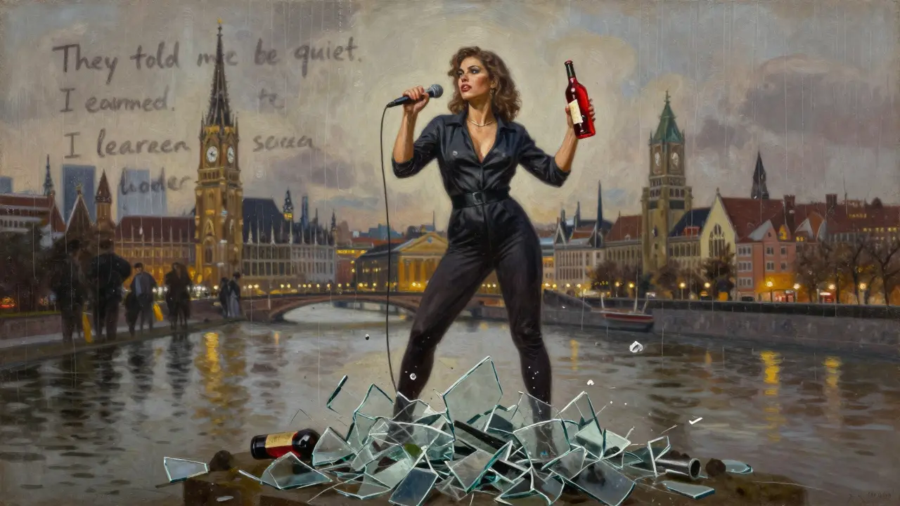 A mural of Texas Patti standing on broken glass by the Isar River, holding a microphone and wine bottle.