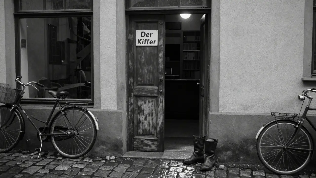 A narrow wooden door slightly open at night, revealing a sliver of light above a bicycle shop in Munich&#039;s Schwabing district.
