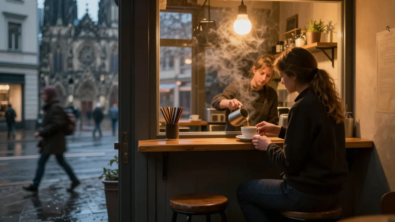 A quiet café interior with steam rising from a coffee cup, warm light glowing on wood.