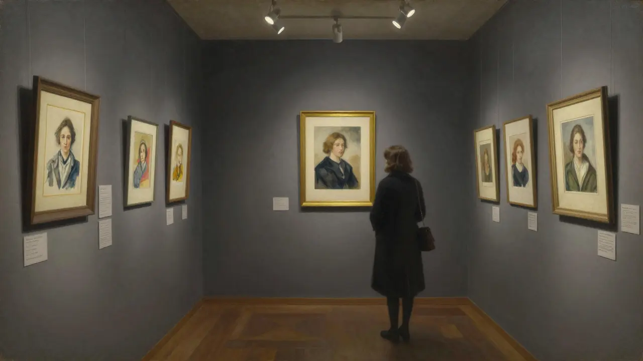 A quiet exhibition room displaying forgotten artworks by female Bavarian artists, lit by single spotlights.