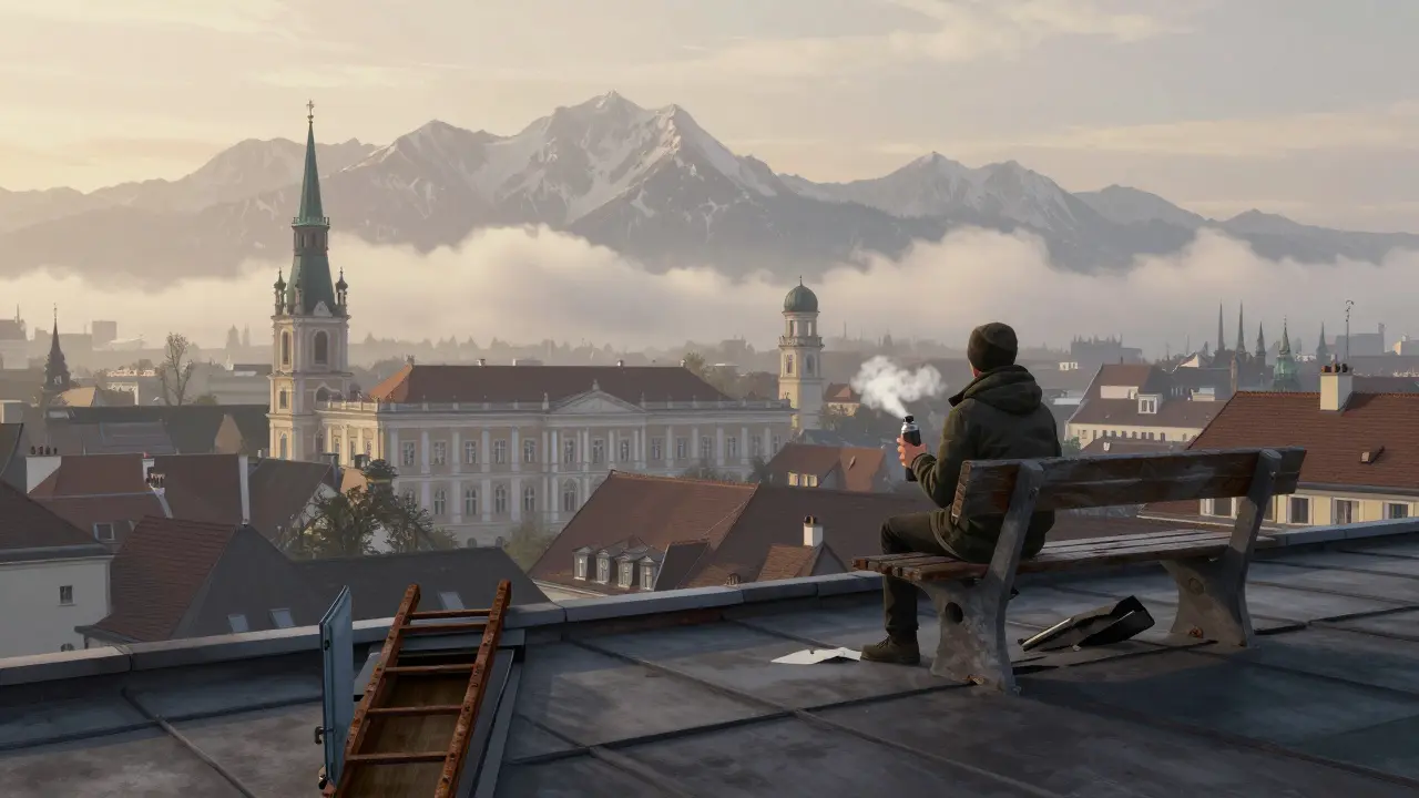 A quiet rooftop at dawn with no tourists, overlooking Munich’s skyline and the Alps.
