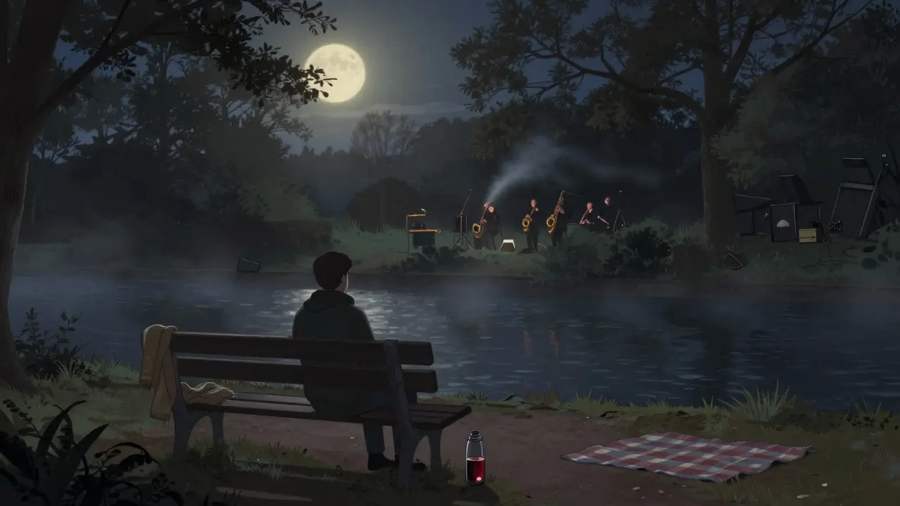 A solitary person relaxing by a river at night with mulled wine, listening to distant saxophone music.